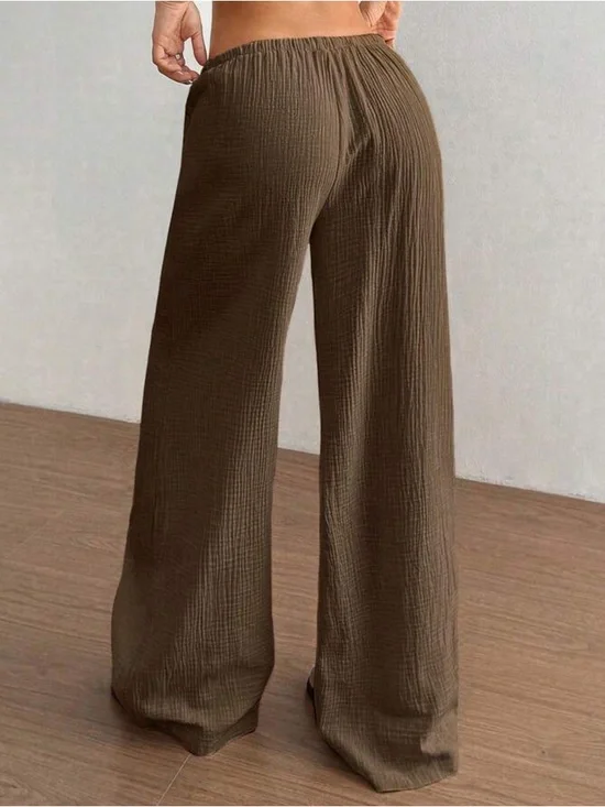 100% cotton textured drawstring pants brown summer beach pants low rise - Picture 3 of 4